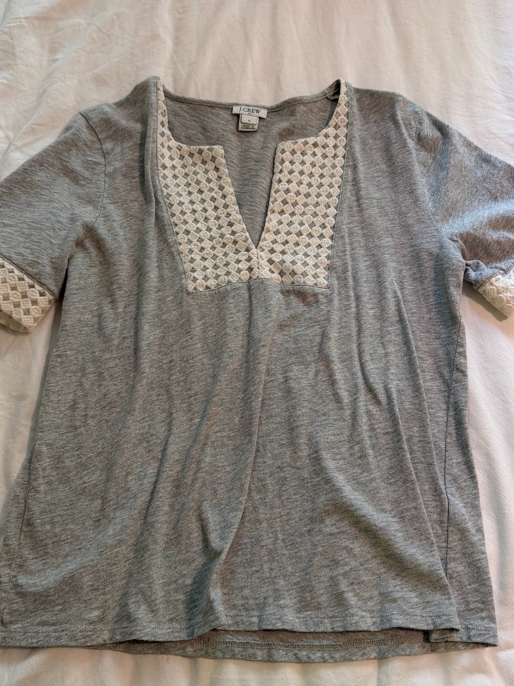 J. Crew Gray Short Sleeve Blouse with Cream Crochet Trim